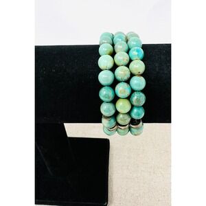 Sterling Silver Multi Strand Natural Turquoise Bead Stretch Cuff Bracelet